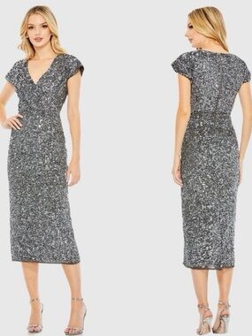 Mac Duggal 10766 Platinum Sequin Wrap-Front Midi Dress